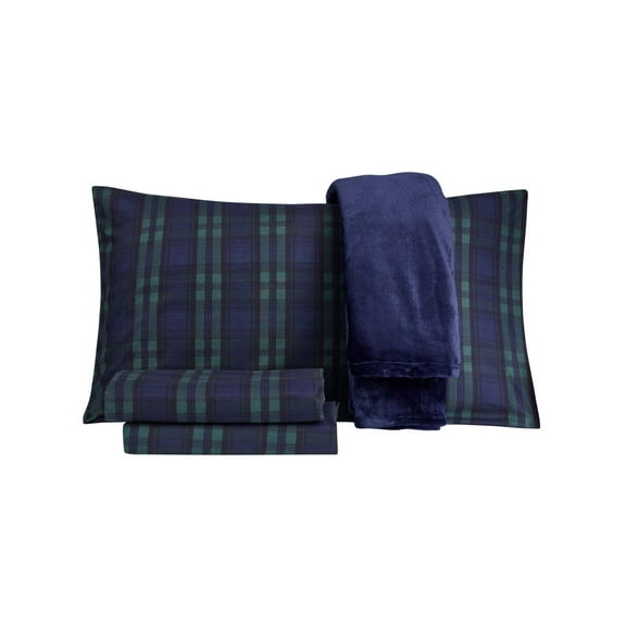Sanders Holiday Microfiber 5 PC Full Sheet Set With Throw Bedding, Navy