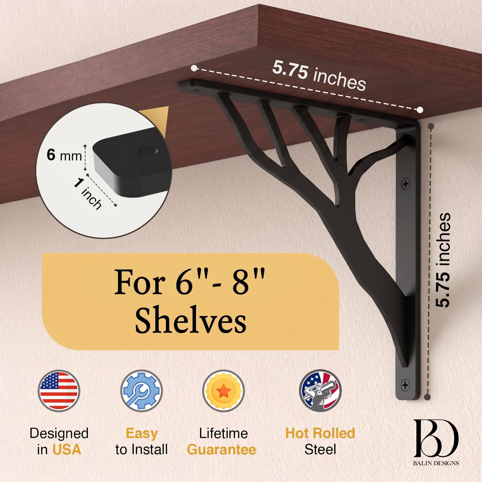 Rustic Tree Shelf L Brackets by Balin Designs (Black) for 6"-8” Shelves - Heavy-Duty Decorative Metal Mantel Bracket Supports - Easy Installation with Included Hardware - Set of 4