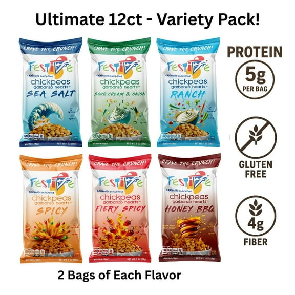 Snack Festive Roasted Chickpeas – Ultimate 12ct - High Protein Variety Snack Bag (2 Each of 6 Flavors: BBQ, Ranch, Sour Cream, Sea Salt, Spicy, Fiery Spicy) Nut Free, Non-GMO Vegan Soy-Free