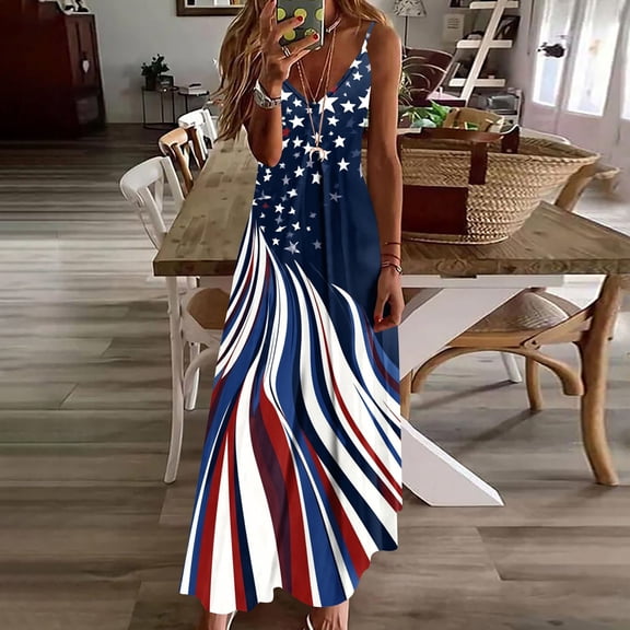 IUYRTFE Women's Sleeveless Crew Neck Patriotic Print Maxi Dress American Flag Striped Star Long Summer Gown