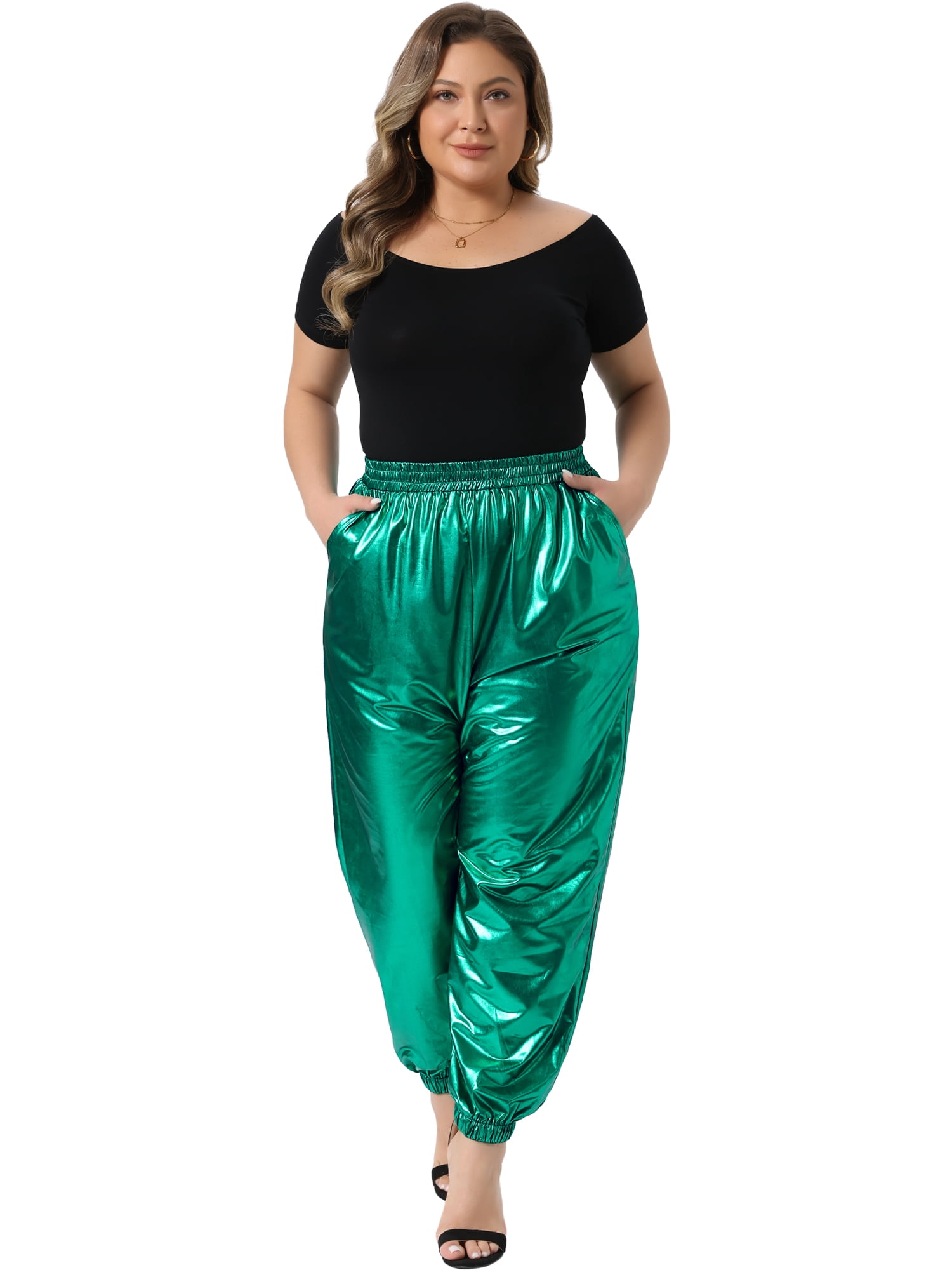 DARING DIVA Women's Plus Jogger Pants Metallic Shiny Stretchy Trousers 3X Green