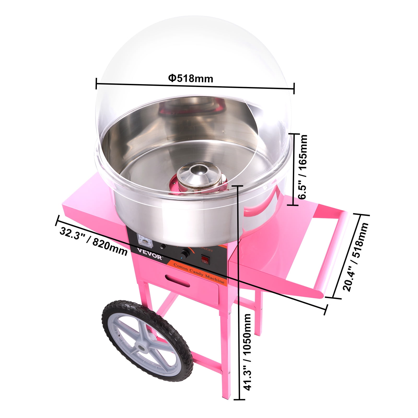 VEVOR Electric Cotton Candy Machine Cart with Bubble Cover Shield, 1000W Commercial Floss Maker with Stainless Steel Bowl, Sugar Scoop and Drawer, Perfect for Home, Kids Birthday, Family Party, Pink