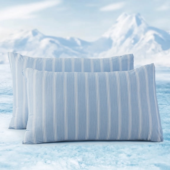 Sleep Zone Essential Cooling Stripe Pillowcases 2 Pack, Silky Cool Touch Pillow Cases for Hair & Skin, Breathable Moisture Wicking Pillow Covers, Envelope Closure (Blue, Queen)