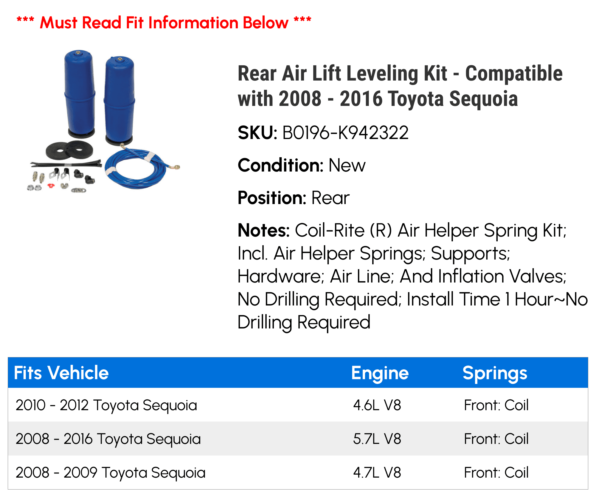 Rear Air Lift Leveling Kit - Compatible with 2008 - 2016 Toyota Sequoia 2009 2010 2011 2012 2013 2014 2015