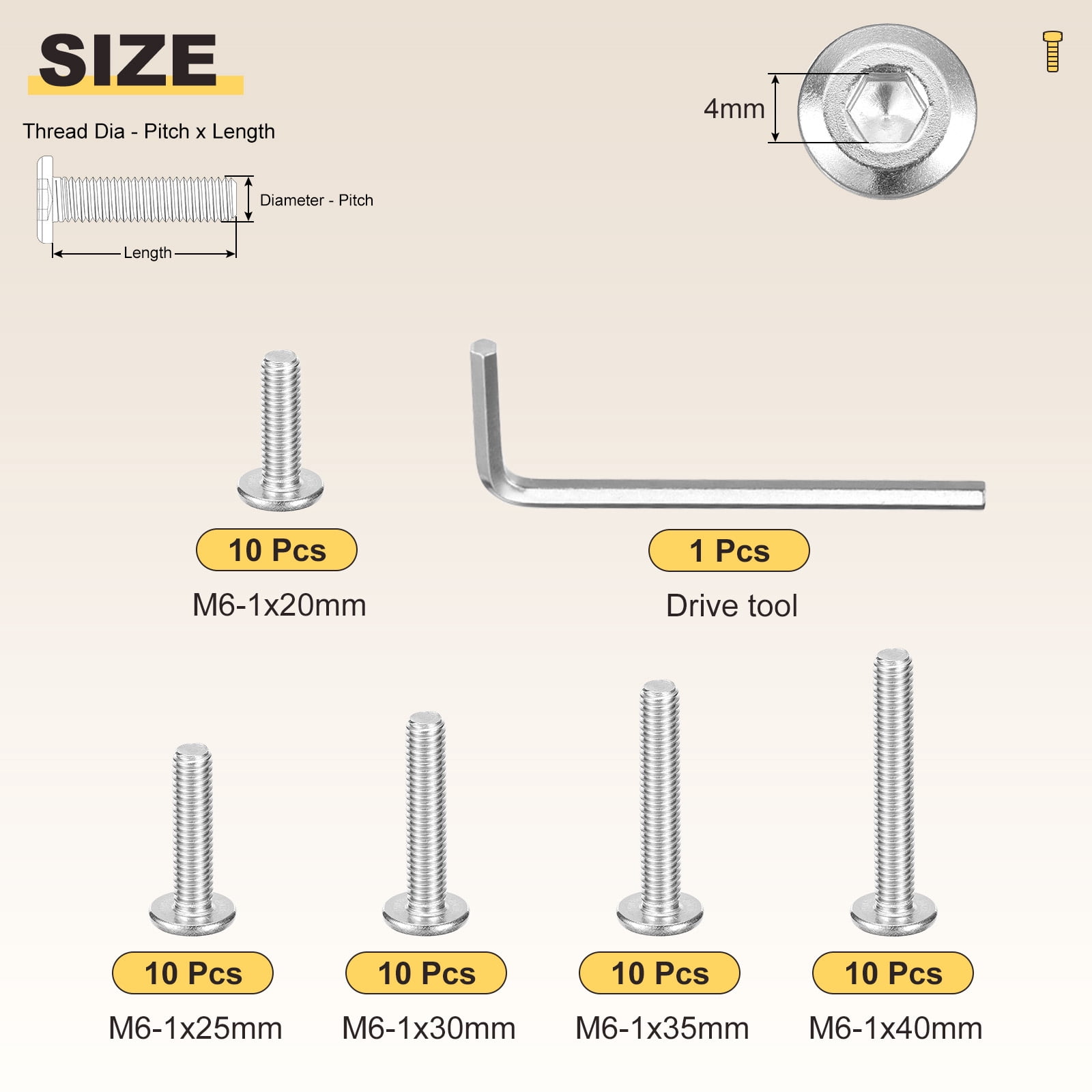 Flat Head Hex Socket Cap Screws Bolts(M6-1x20/25/30/35/40) 50Pcs, with Wrench Steel Hex Socket Furniture Bolts Countersunk Screws - for Furniture Woodworking Project, Silver Tone