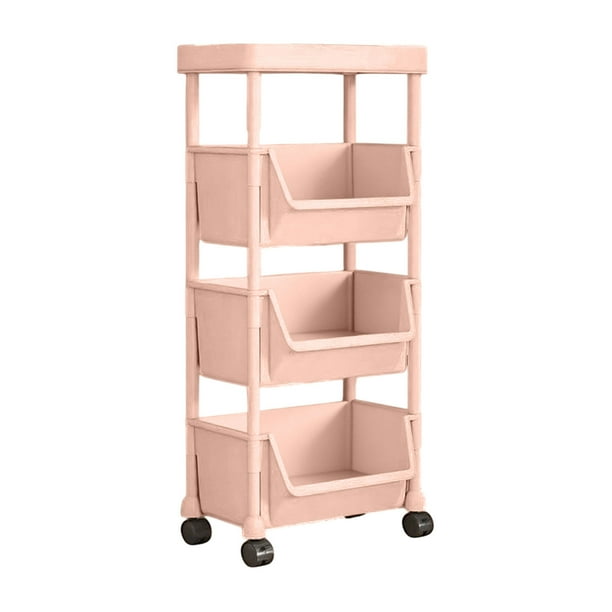 Carrito de almacenamiento con ruedas de 4 niveles, organizador multifuncional para el hogar y la oficina, estantería de plástico con cestas y ganchos, blanco, rosa y gris, 93 x 35 x 26 cm