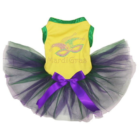 Petitebelle Rhinestones Mardi Gras Eye Mask Puppy Dog Dress (Yellow/Green Purple, Small)