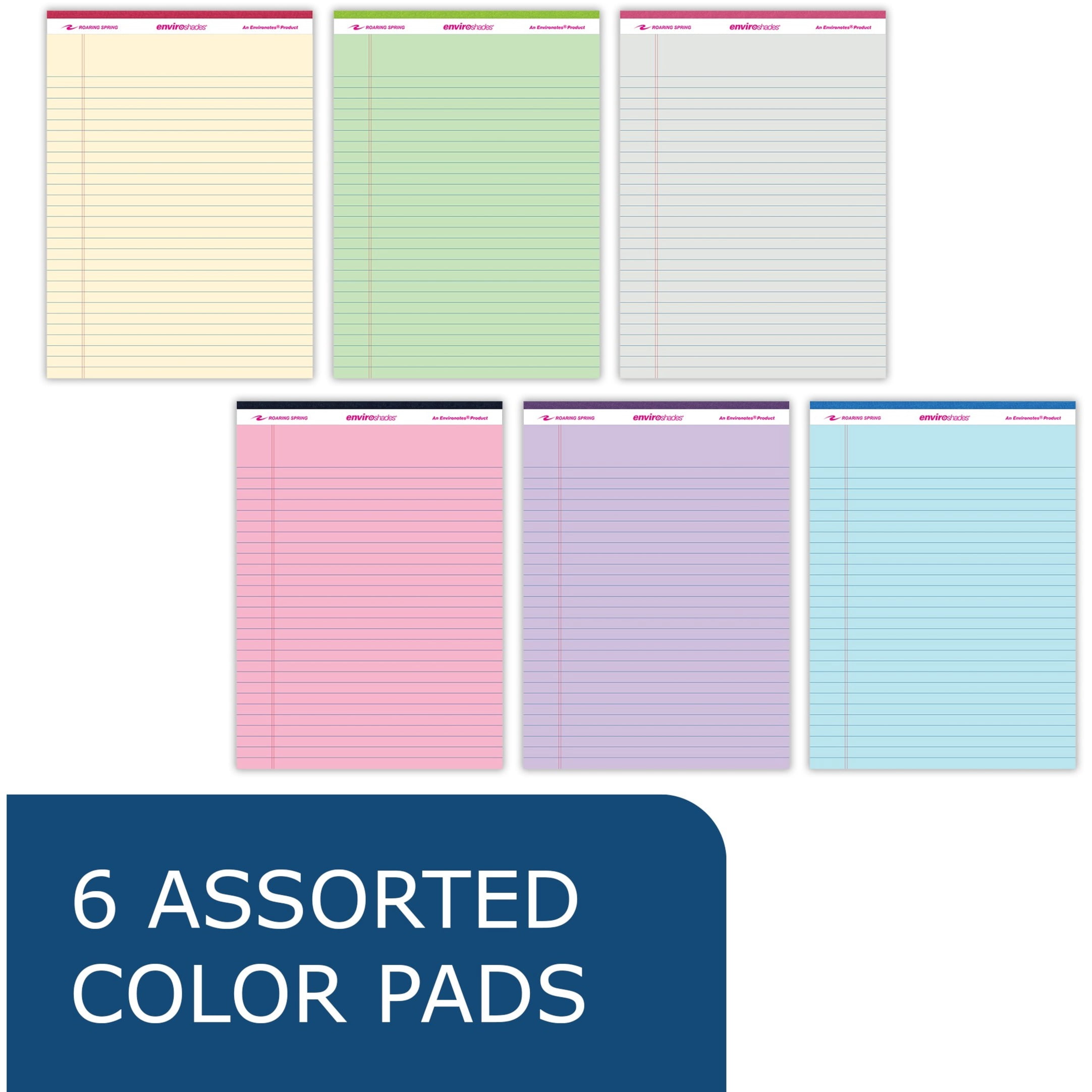 Roaring Spring Enviroshades Case of Recycled Legal Pads, 6 Six Packs, 8.5" x 11.75" 50 Sheets, Assorted Colors