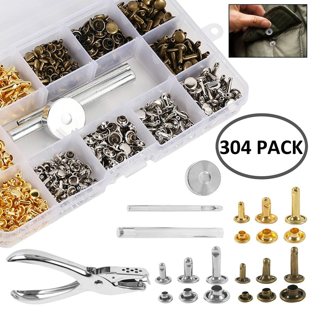 304 PCS Leather Rivets 3 Sizes Double Cap Rivet with Fixing Tool Kit for DIY Leather Craft