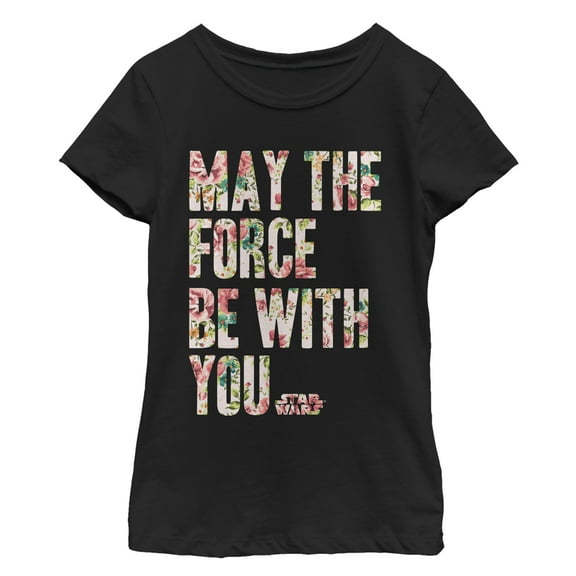 Girl's Star Wars May the Force Be With You Floral Graphic Tee Black Medium