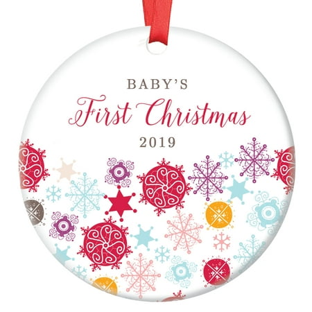 Rainbow Snowflakes Ornament Baby's First Christmas 2019, Girl Baby Porcelain Ornament, 3