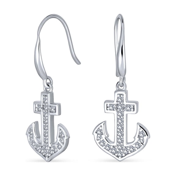 Bling Jewelry Womens Boat Anchor Dangle Chandelier Earrings CZ Accents Silver