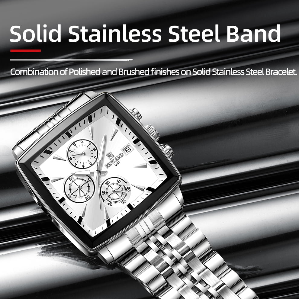 Square Watches for Men Silvery Stainless Steel Chronograph Fashion Business Watch Luminous Waterproof Casual Wrist Watches