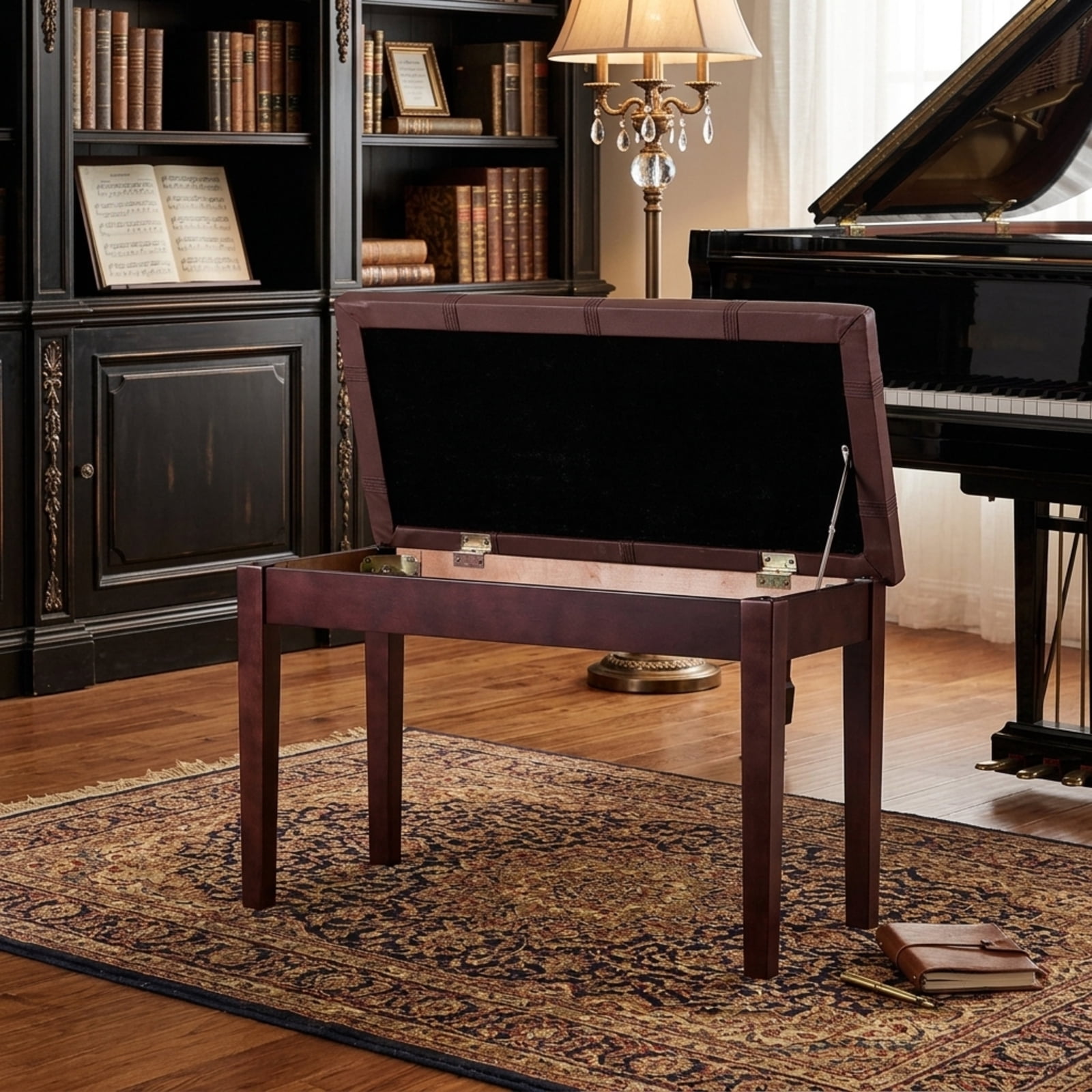 Furnibear Solid Wood Duet Piano Bench with PU Leather Padded Seat and Under Seat Storage for Two Players Keyboard Music Studio Home, Brown