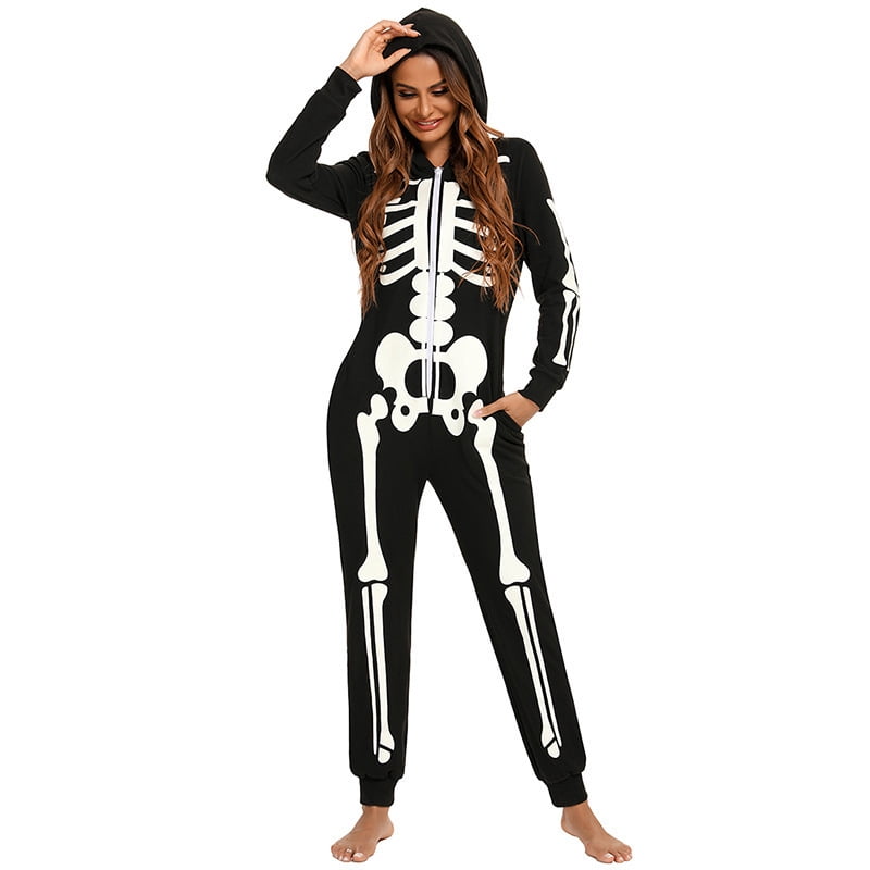 Unisex jumpsuit Plush Pajamas Onesie Adult Women's Skeleton Halloween Costume Cozy One Piece Cosplay Costumes for Women