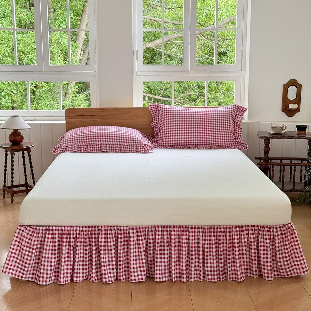 Red Gingham Wrap Around Ruffled Bed Skirt with Lace Decor, Plaid Grid Adjustable Elastic Dust Ruffles for King Bed, 15 Inch Drop Farmhouse Cottage Pleated Bed Frame Cover(Red Gingham, King)