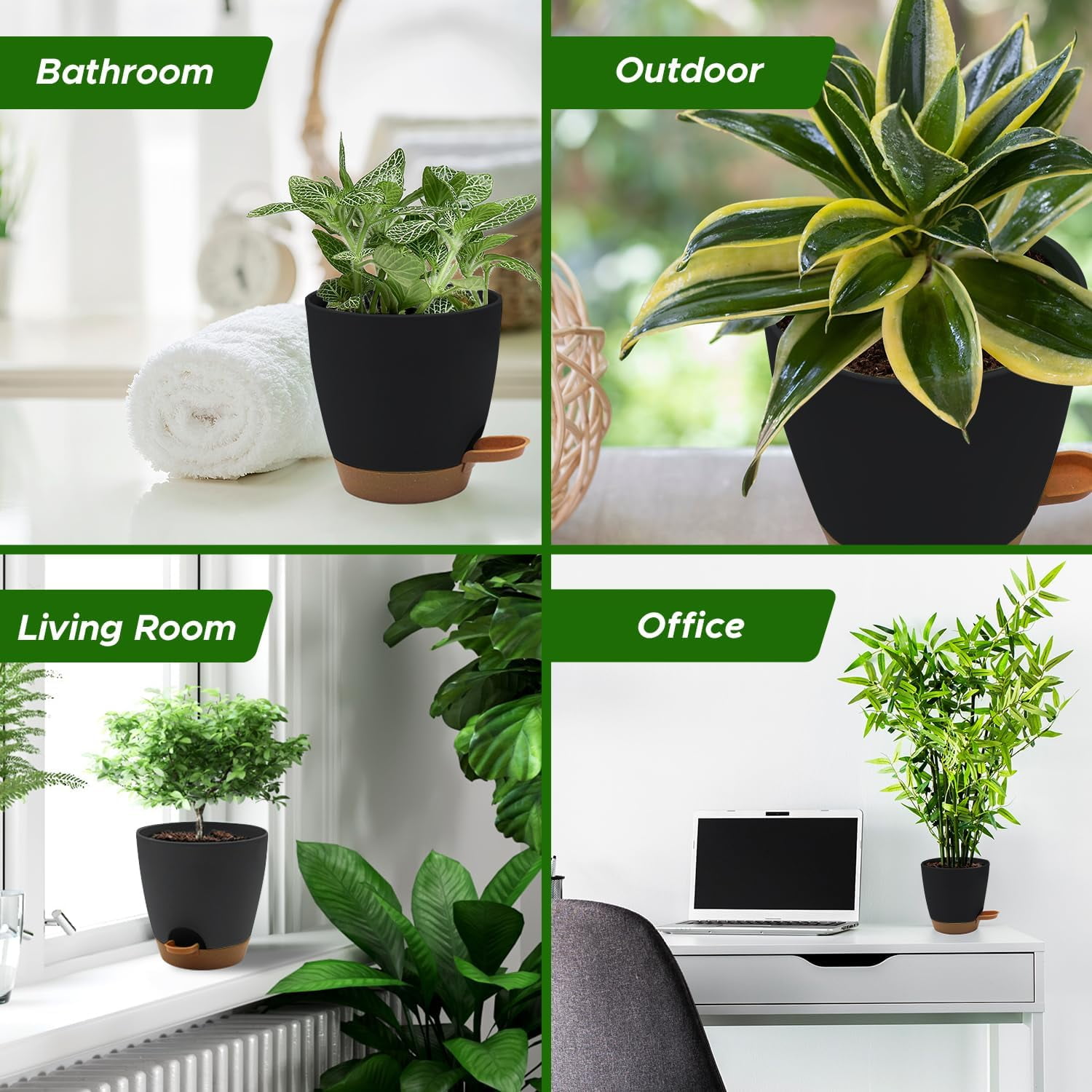 Campior Self-Watering Planters, 5 Sizes with Drainage Holes & Wick Rope, Pack of 20, Black