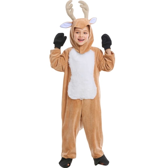 Coerni Toddler Kids Reindeer Onesie Cute Antler Hood One‑Piece Jumpsuit Boys Girls Soft Plush Loungewear Christmas Halloween Dress-Up Party