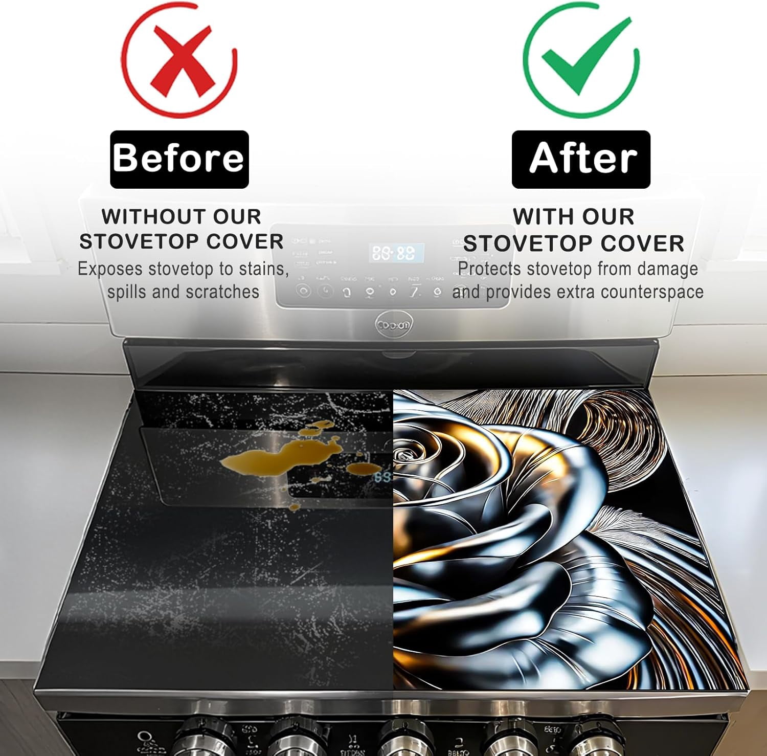 Stove Top Cover Polyester & Diatom Mud Blend 28.35×20.47inches (Metallic Rose Design) Stove Top Cover for Kitchen Decor Cooking Areas, Home Styling