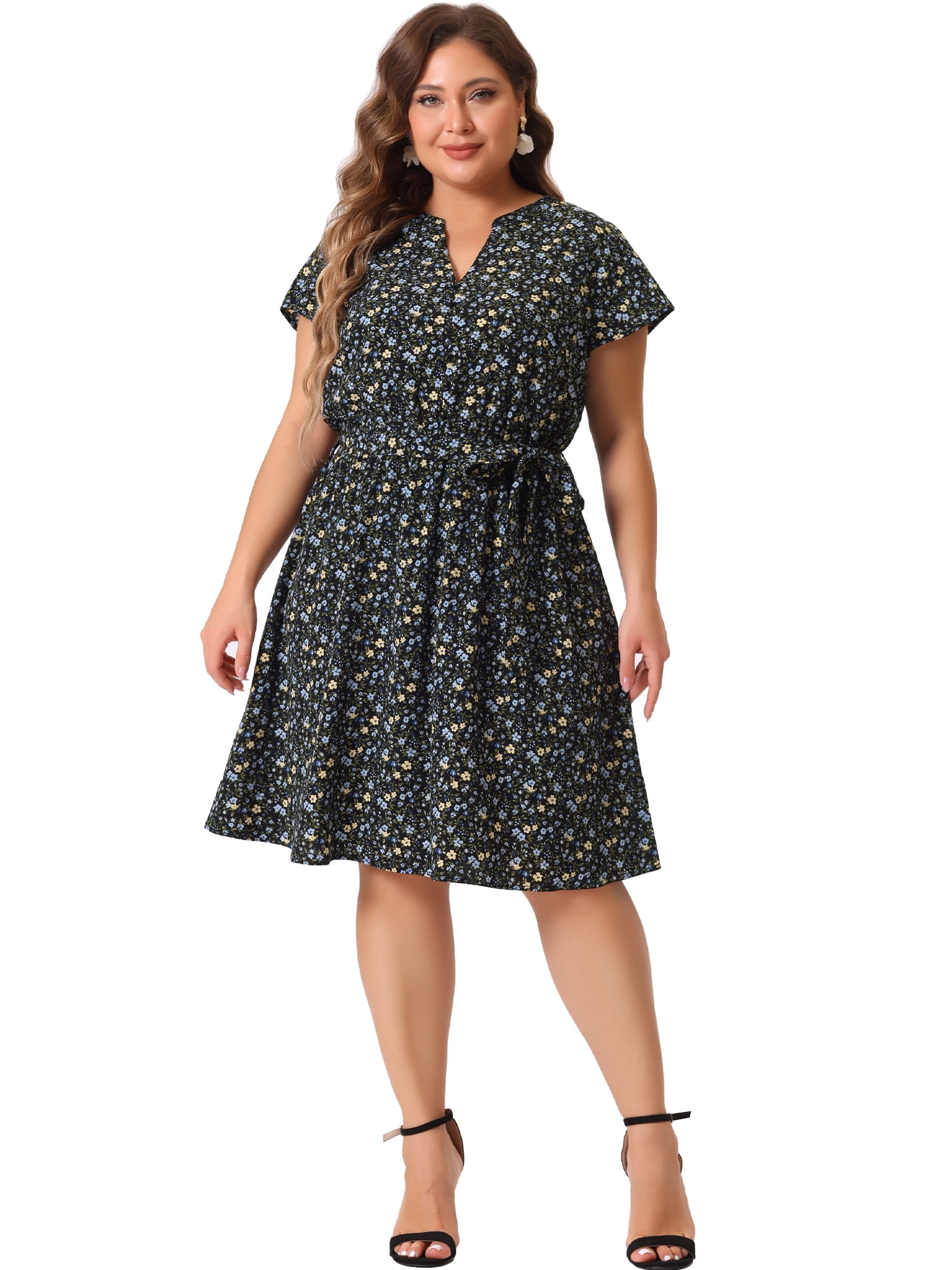 DARING DIVA Plus Size Floral V Neck Tie Belted Dress 4X Black Blue