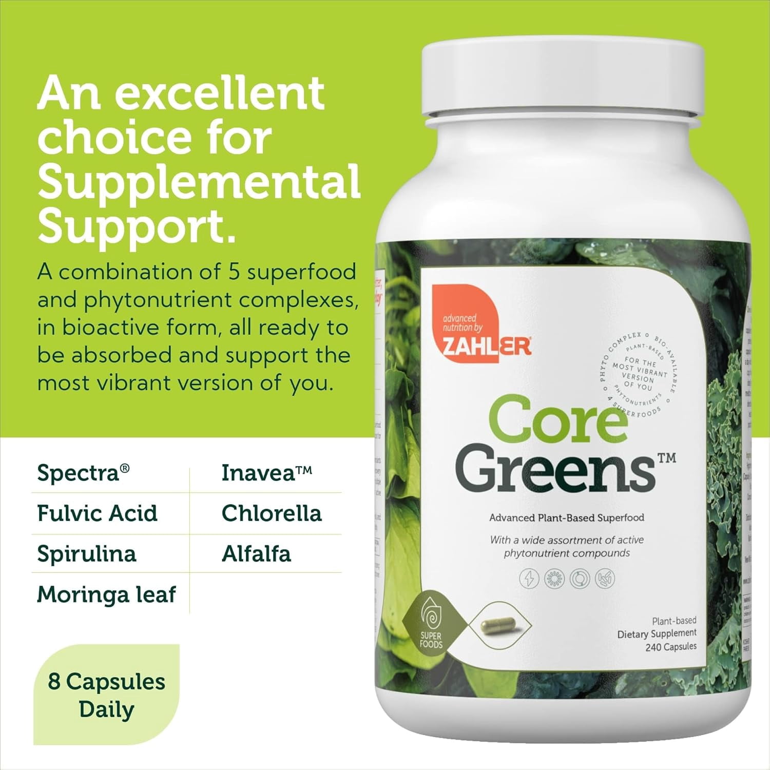 Zahler Core Greens Superfood Capsules - Superfoods Nutrition Supplement - Super Green Whole Food Vegetable, Fruits & VItamins - Kosher Antioxidant Rich Super Greens with Spirulina, Chlorophyll (240)