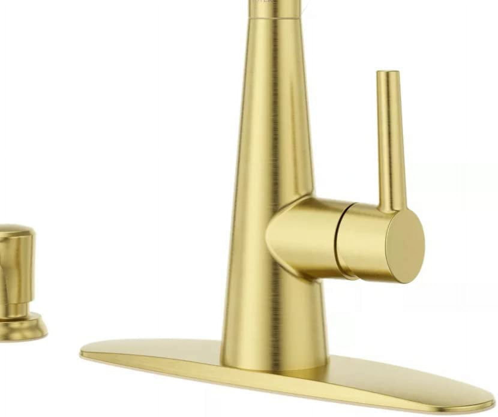 Pfister Barullli Single Handle Pull Down Sprayer Kitchen Faucet with Deckplate Included and Soap Dispenser in Brushed Gold