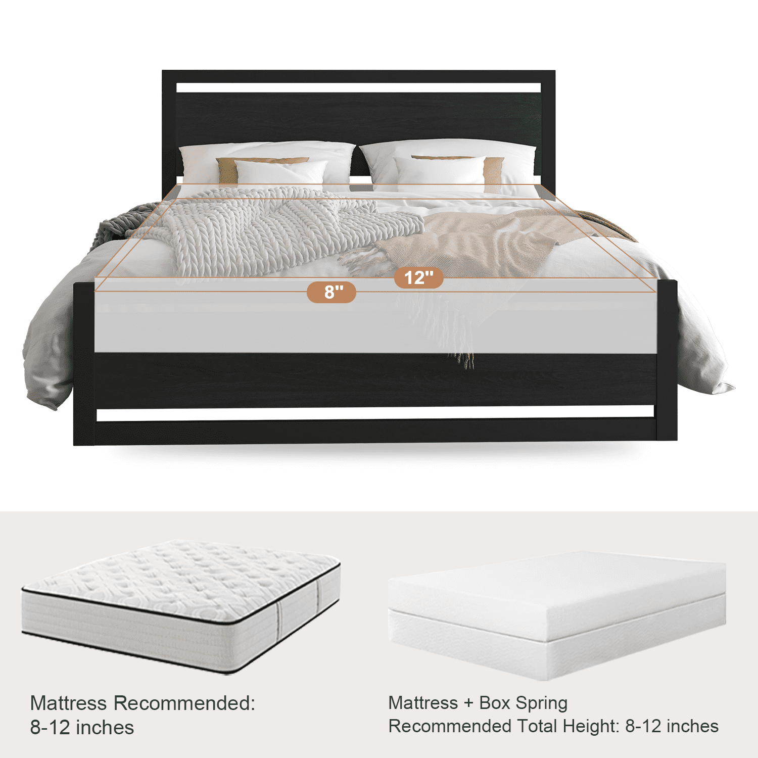 Amolife King Size Metal Platform Bed Frame with Wooden Headboard, 12.4" Under-Bed Storage, Black