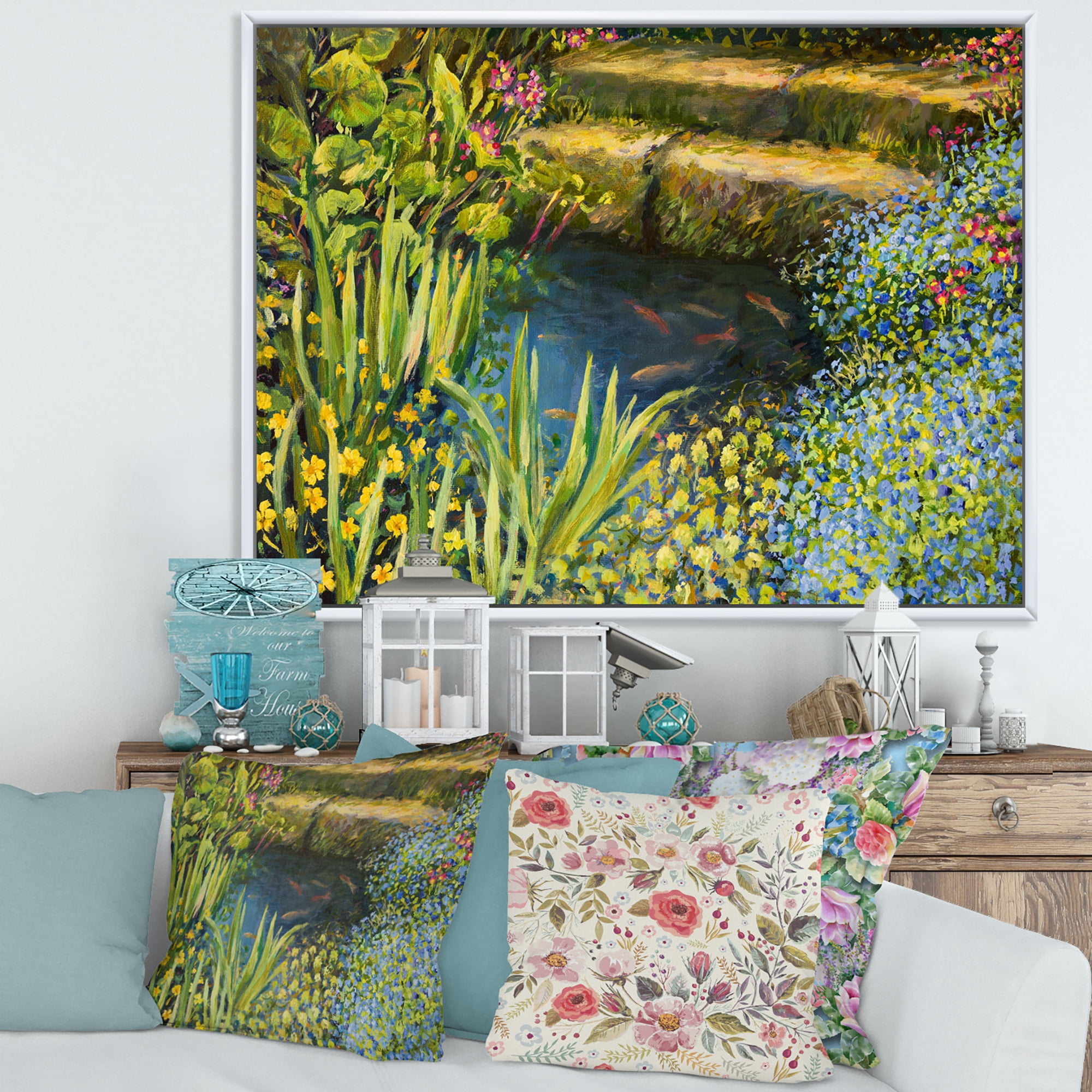 Designart 'Colorful Silence Flowers At The Lake Side' Lake House Framed Canvas Wall Art Print