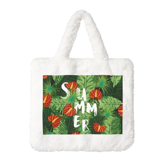 Rocae Palm Leaves And Tropical Flowers or Plush Underarm Bag White Furry Purse Handbag for Autumn and Winter