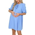 thumbnail image 2 of Deago Women's Short Puff Sleeve Maternity Dress Crew Neck Summer Casual Tie Front Loose Flowy Pregnancy Dresses for Baby Shower (Blue, S), 2 of 9