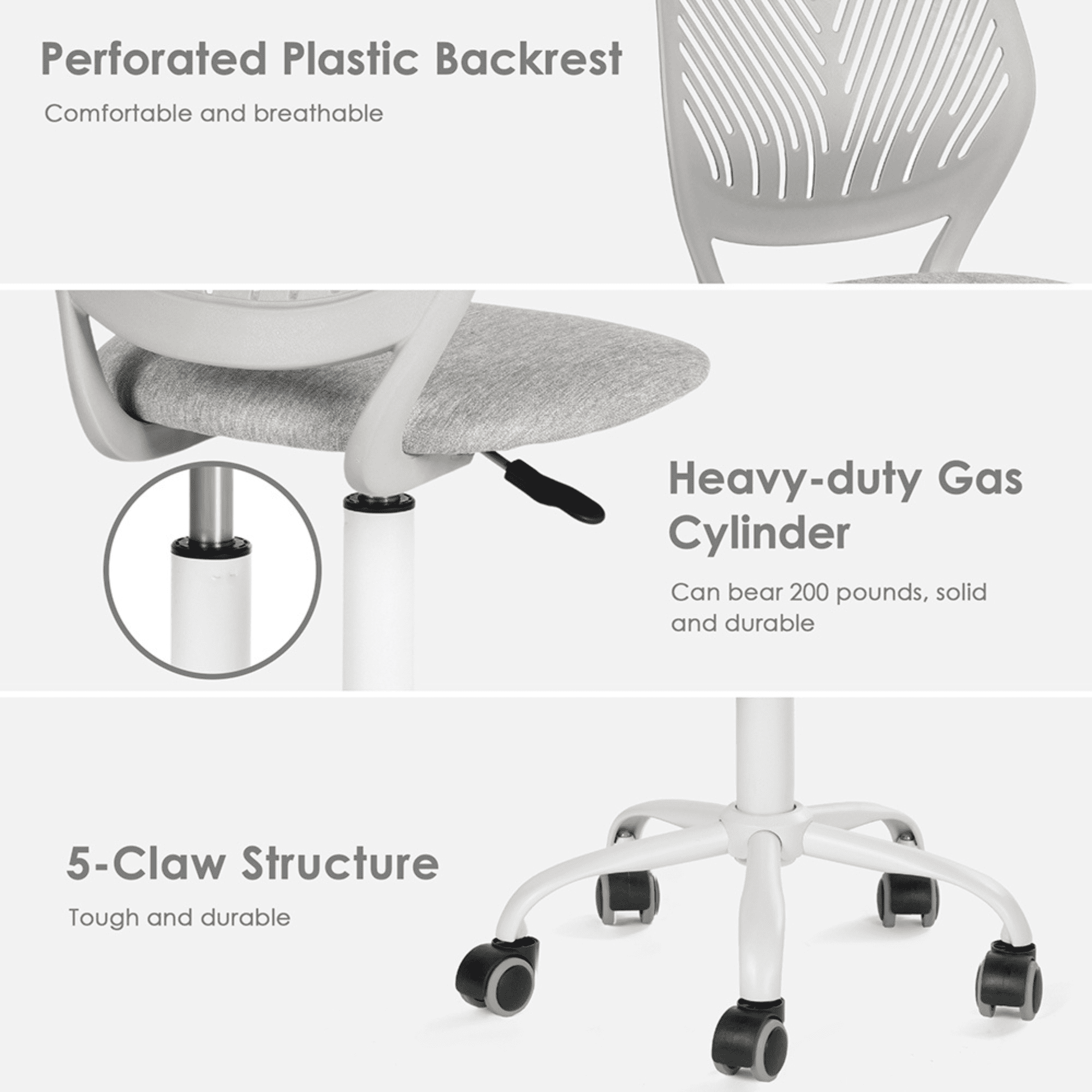 Ergonomic Home Office Desk Chair with Adjustable Height, Rolling Base, and Breathable Backrest, Gray