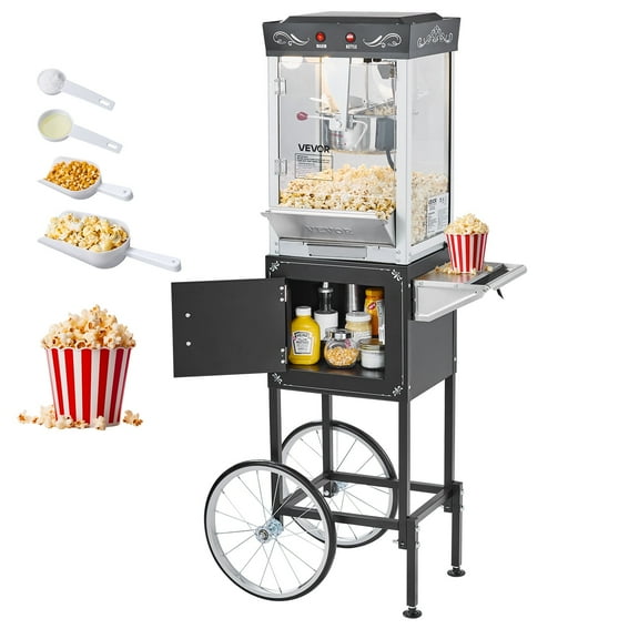 VEVOR Popcorn Machine with Cart, 8oz Stainless Steel Kettle, 800W Commercial Popcorn Maker, 48 Cups per Batch Theater Style Popper, with 2-Button Control Glass Wall PC Door 1 Scoop 3 Spoons, Black