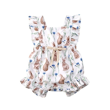 

Franhais Baby Girl Romper Easter Bunny Print Flying Sleeves Ruffle Embellished Strap Adjustable Breathable Jumpsuit