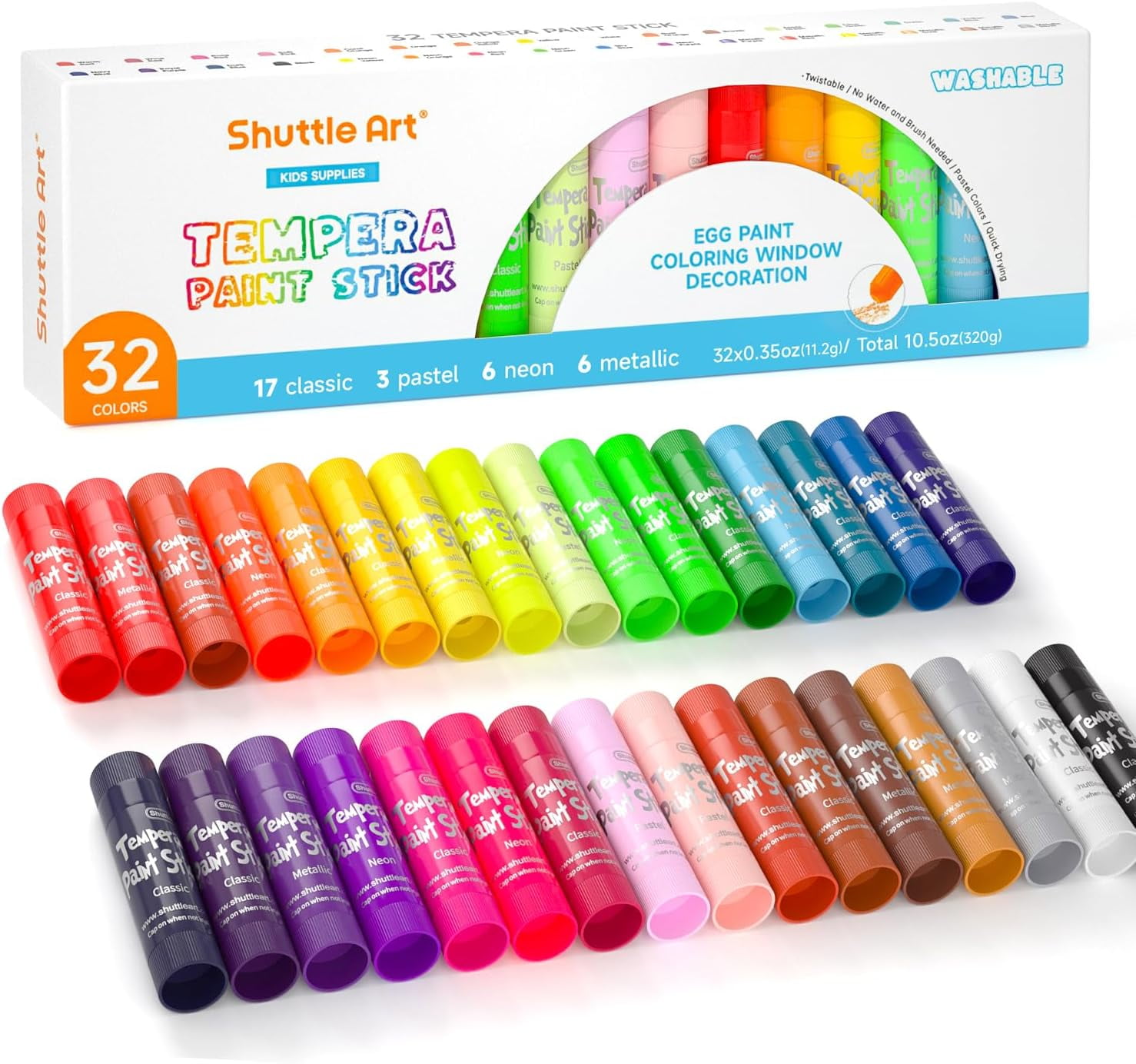 Playkidiz Paint Sticks, 30 Pack Bulk Set, Classic, Neon & Metallic
