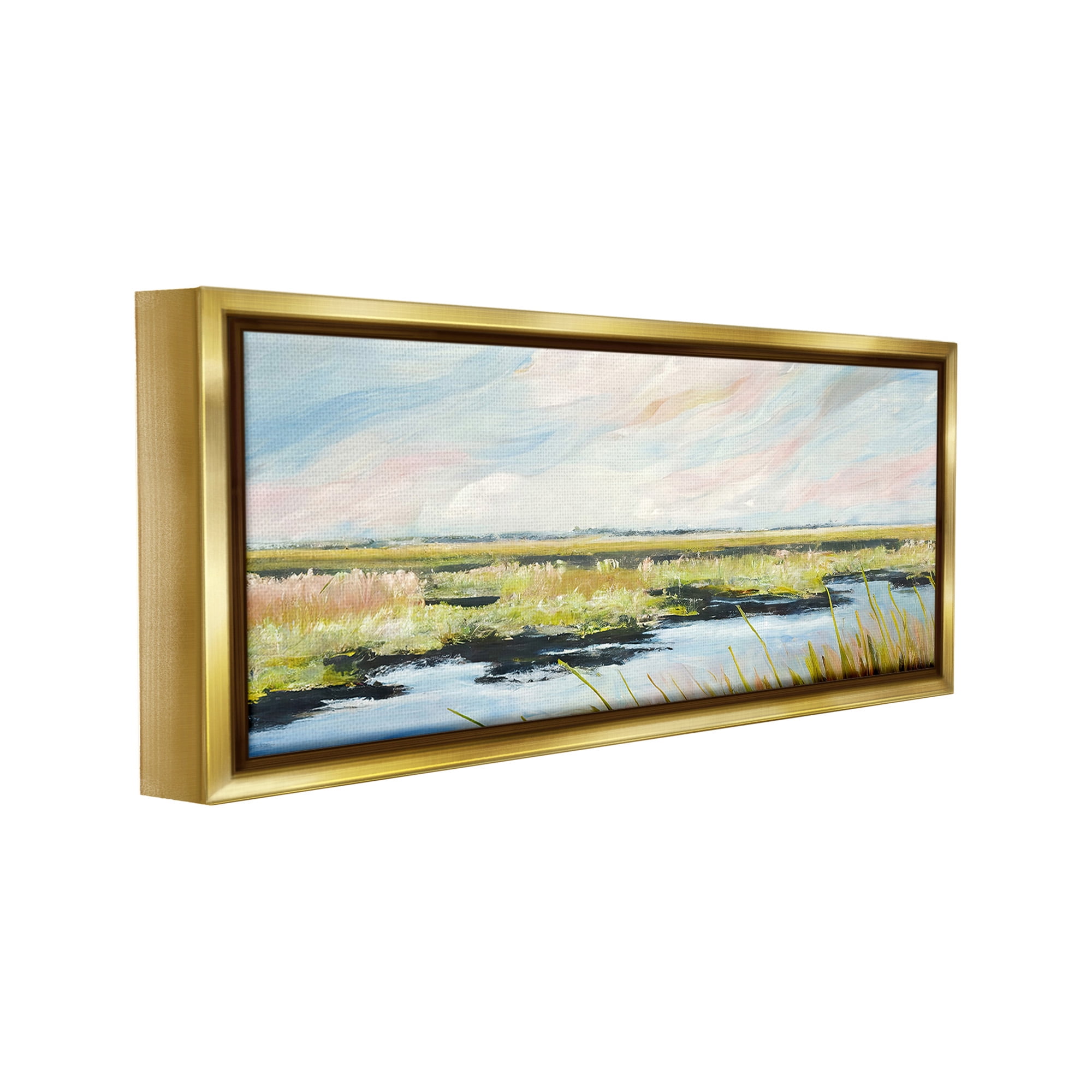 Stupell Industries River with Pastel Sky Landscape Painting Gold Floater Framed Canvas Art Print Wall Art, 31 x 14