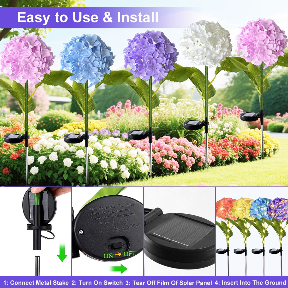Rirool 4 Pack Solar Garden Lights Outdoor, Dual Mode Solar Hydrangea Flower Lights with 600mAh Battery, IP65 Waterproof, Warm White LED for Yard Pathway Lawn Patio Decoration