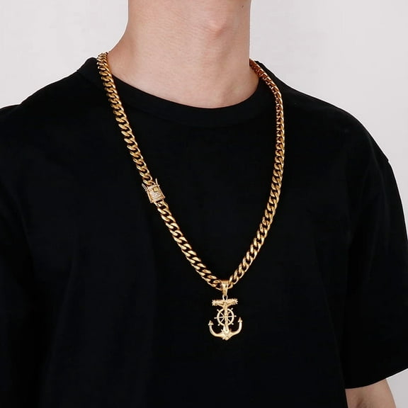Mens Vintage 14K Yellow Gold Necklace Navy Pirate Anchor Pendant Ship Rudder Punk Jewelry Gift