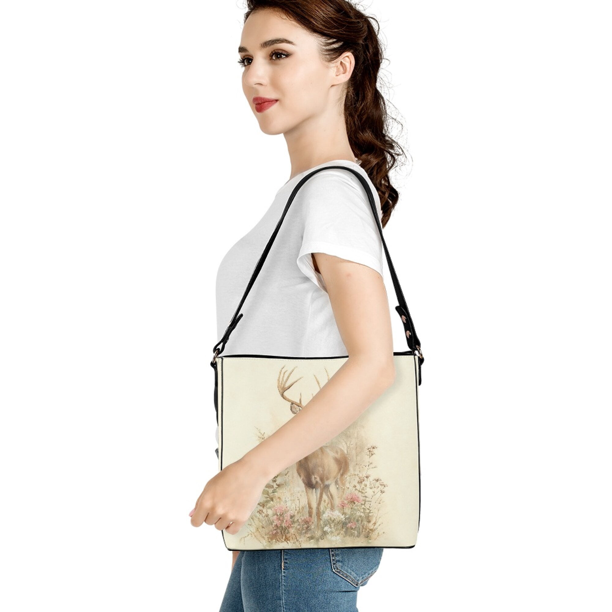 Kuiaobaty Deer Flowers Print Shoulder Purse for Women, Cute Vegan Leather Bucket Tote Bag Crossbody with Adjustable Strap, Waterproof Hobo Satchel Purse for Travel & Work, Beige
