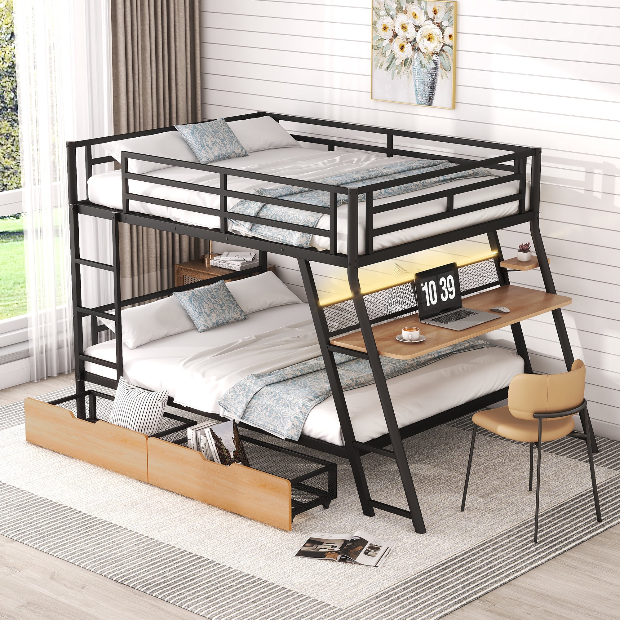 Euroco Metal Full over Full Bunk Bed with Desk and LED Light, Black