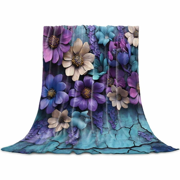 Purple Flowers Flannel Blanket for Bed, Spring Vintage Walls Pastoral Country Soft Cozy Warm Couch Throw Blanket, Lightweight Fluffy Plush Bedding Blankets for Sofa Decor All Season 40"x50"