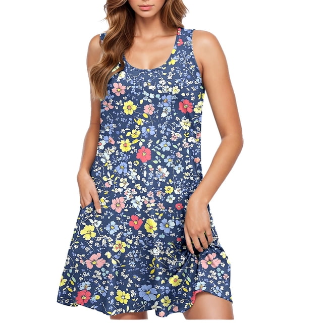 Ovzne Robes d'Été pour Femmes Robe pour Femme Robe Décontractée Sans Manches à Col Rond Imprimé Robe pour Femmes Imprimée Liquidation