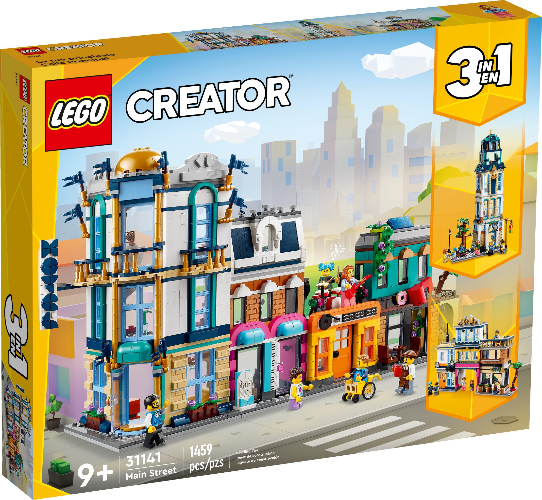 LEGO Creator 3 in 1 Main Street Building Toy Set, Features a Toy City, Art Deco Building, Market Street, Hotel, Café, Music Store and 6 Minifigures, Endless Play Possibilities for Kids, 31141