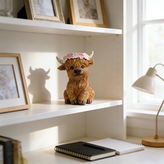Highland Cows Themed Gifts For Women,Cute And Cozy Resin Yak Figurine With Floral Crown - Perfect Rustic Home Decor Accent Home Decor