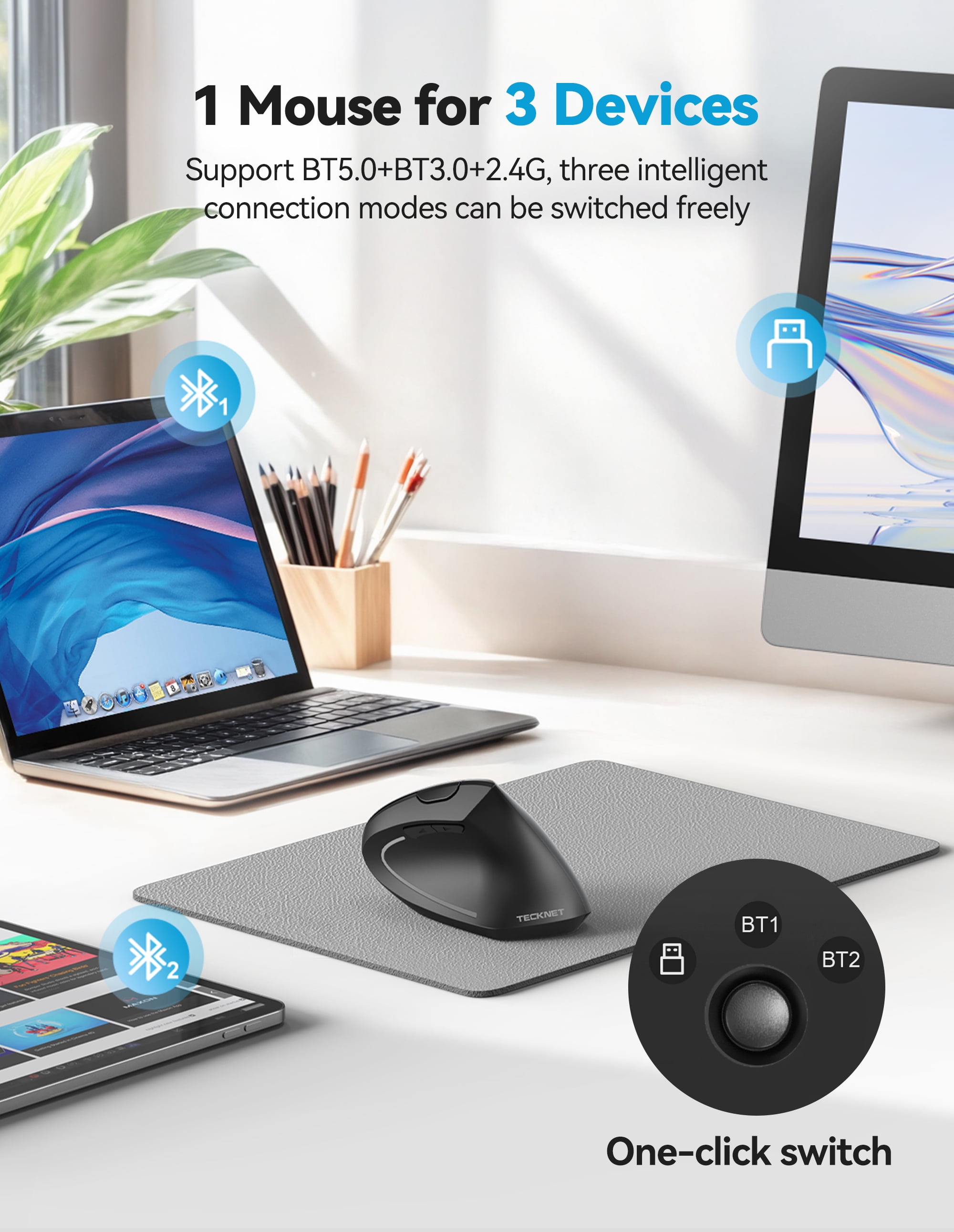 TECKNET Ergonomic Mouse, Rechargeable 2.4G+Bluetooth Vertical Mice 6 DPI Adjustable, Wireless Optical Carpal Tunnel Mouse Right Hand, Multi Device for Laptop, PC, Computer, MacBook, iPad - Black
