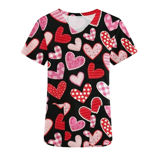 TIMIFIS Haut de Sarrau Noir Femme Imprimé Manches Courtes Col en V Hauts Uniforme de Travail Imprimé de la Saint-Valentin avec Poche Blouse avec Poches-Noir - Printemps