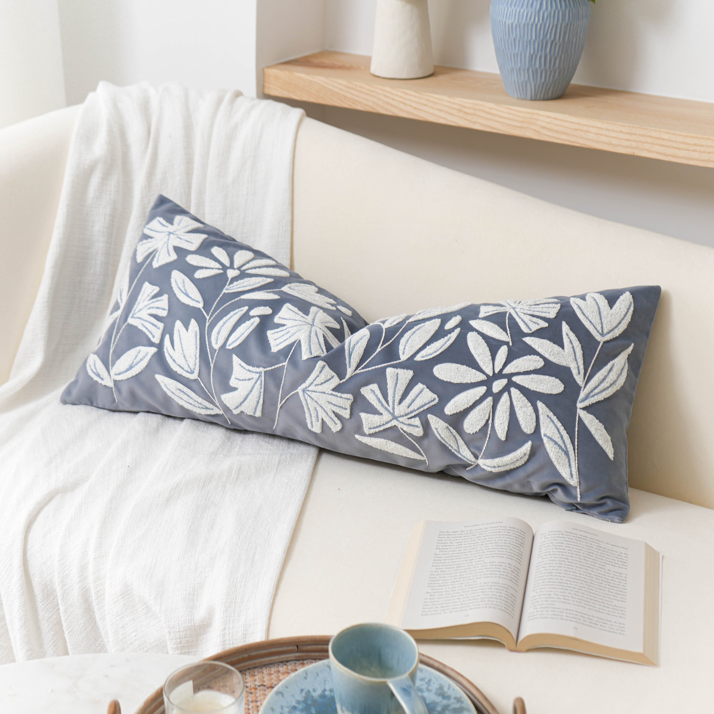 BlissBlush Blue Velvet Decorative Lumbar Pillow Cover 14x36, Soft Long Body Pillow for Bed, Accent Lumbar Throw Pillow for Bedroom, Modern Farmhouse Textured Pillowcase
