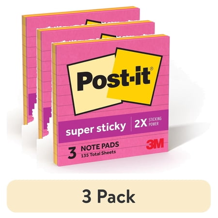 (3 pack) Post-it Super Sticky Notes, Lined, 4 in x 4 in, Assorted Brights, 3 Pads