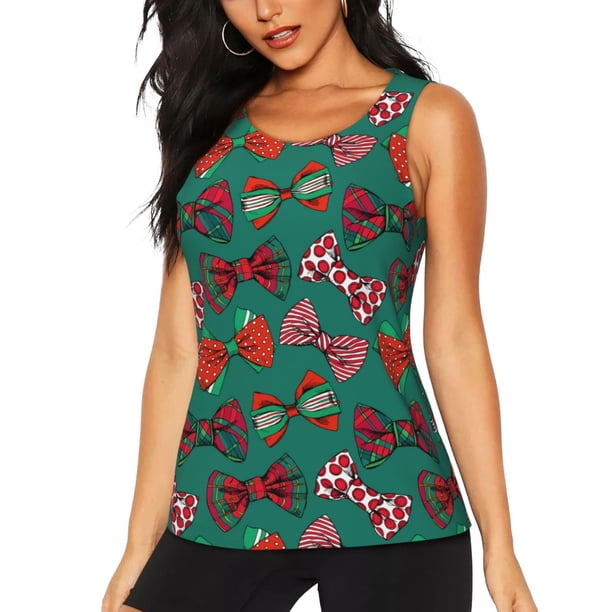 Fotbe red and green bow tie Blusas Sin Mangas para Mujer – Estilo Casual, Corte Suelto, Slim-Fit, Cuello Redondo Deportivo, Tops de Verano para Gimnasio y Yoga-Small