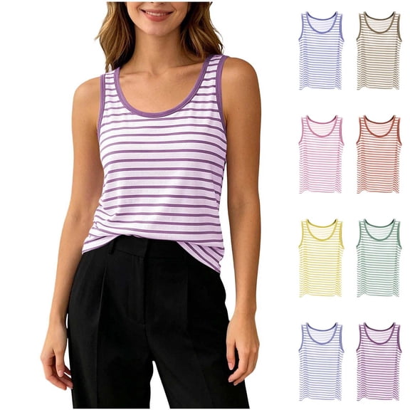 Women Pajama Tops Striped Sleeveless Tank Built In Bra Stretch Daily Layering Sleep Top