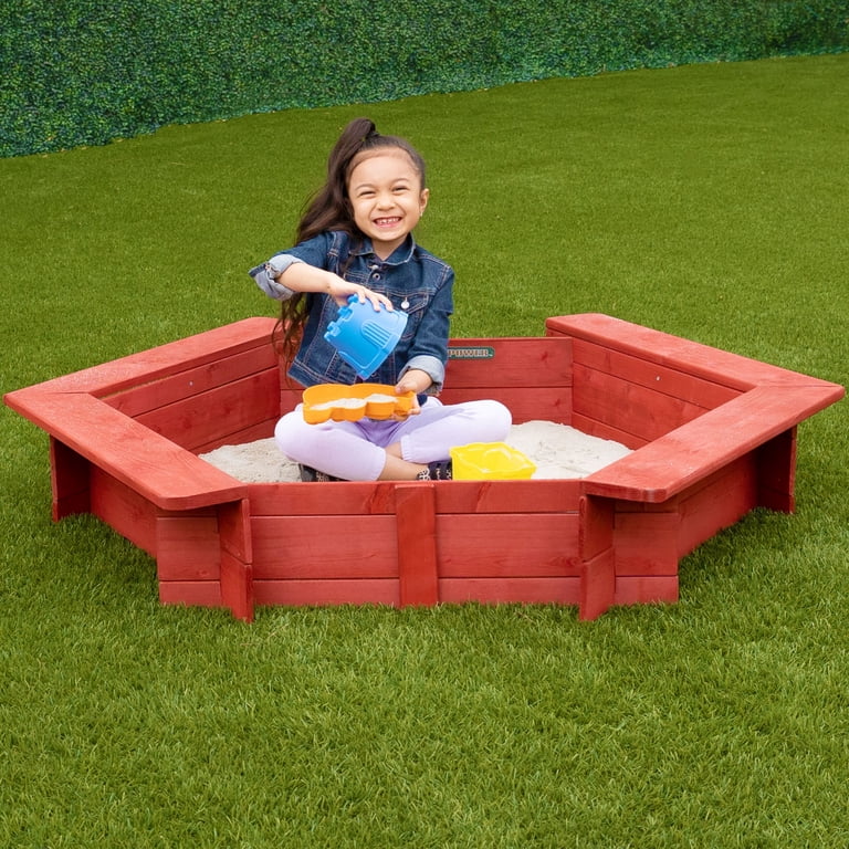 Sportspower Backyard Wood Hexagon Sandbox with Lid, Cover and